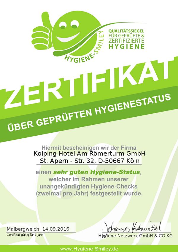Zertifikat Hygiene-Smiley für das Stadthotel Römerturm in Köln
