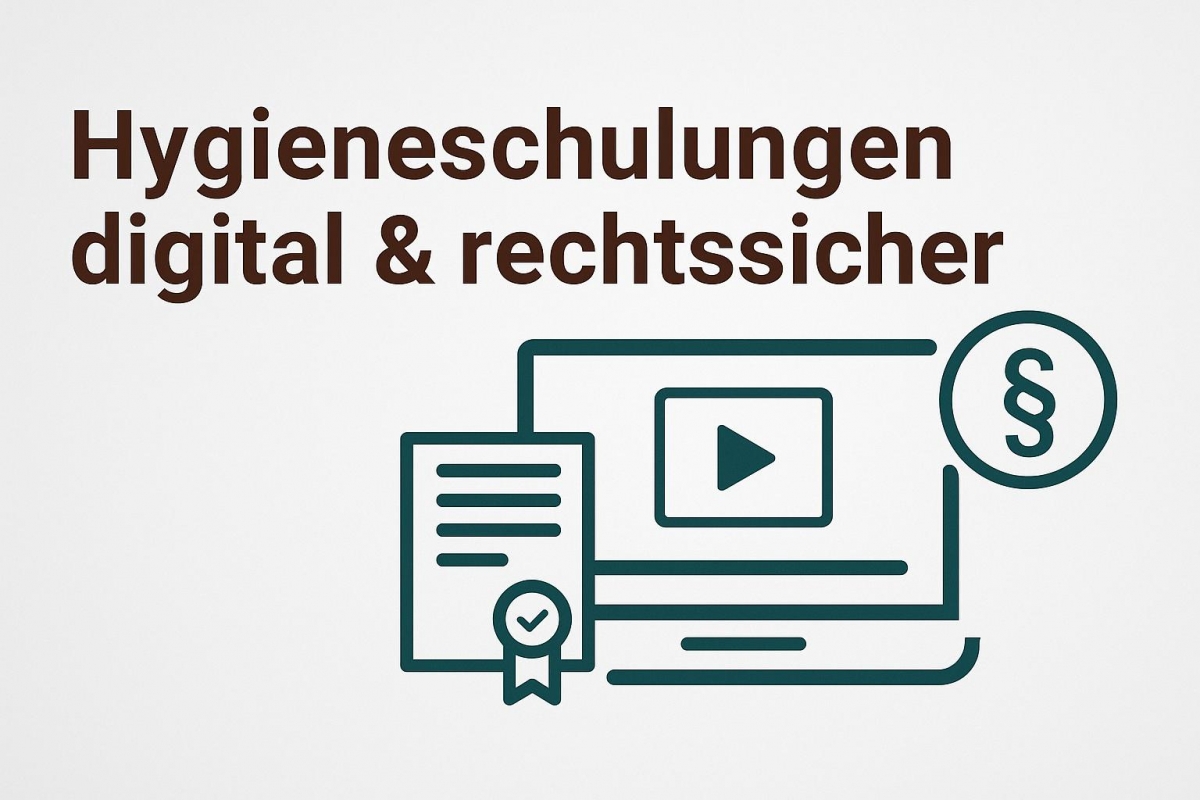 Illustration zur digitalen Hygieneschulung mit Laptop, Zertifikat und Paragraphenzeichen – rechtssichere Schulung online absolvieren