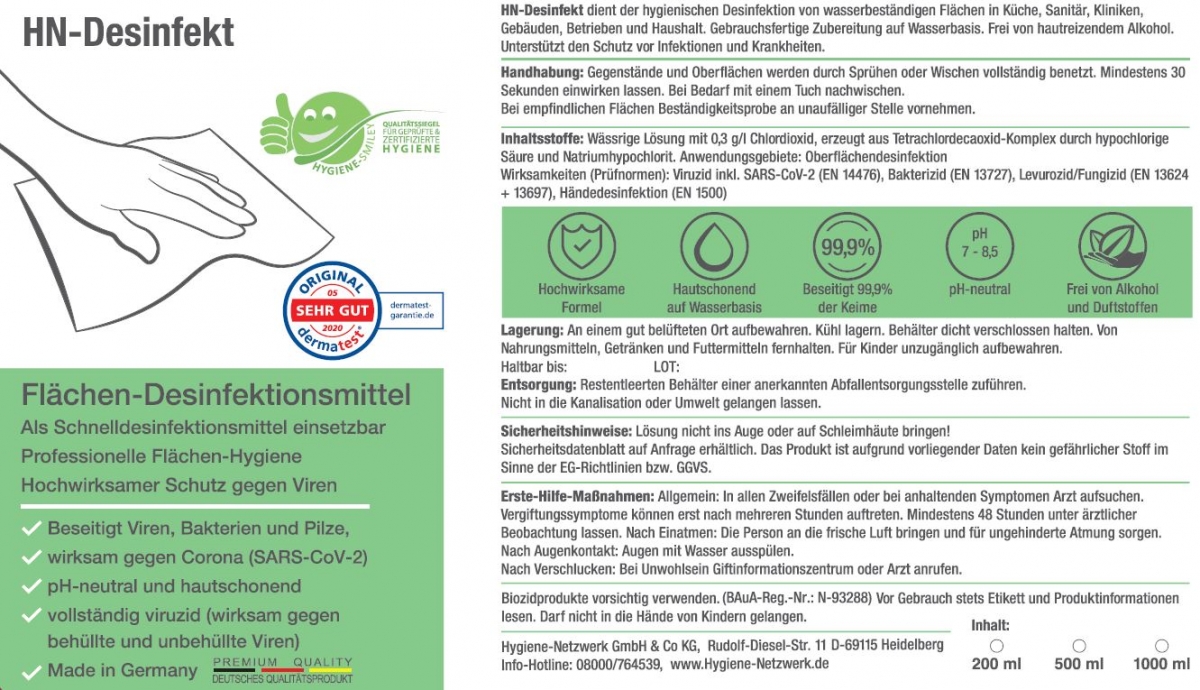 HN-Desinfekt Flächendesinfektionsmittel ideal gegen Covid19 / Corona - alkoholfreie Desinfektion