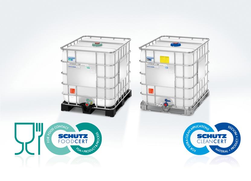 Mit den neuen IBC-Modellen Foodcert und Cleancert bietet Schütz sichere Verpackungen mit maximaler Sauberkeit und Prozesssicherheit für die verschiedensten Füllgüter.