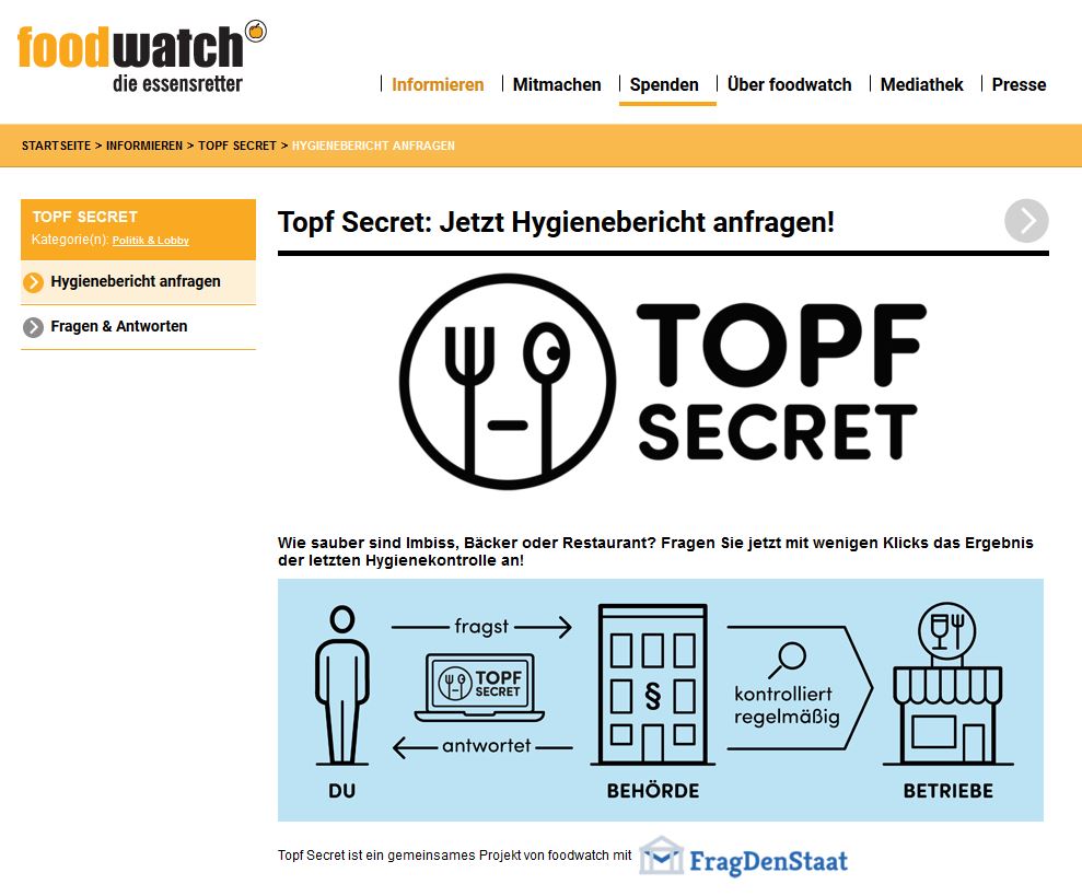 Die Verbraucherorganisation foodwatch und die Transparenz-Initiative FragDenStaat wollen mit der neuen Online-Plattform „Topf Secret“ endlich „Licht ins Dunkel“ bringen. 