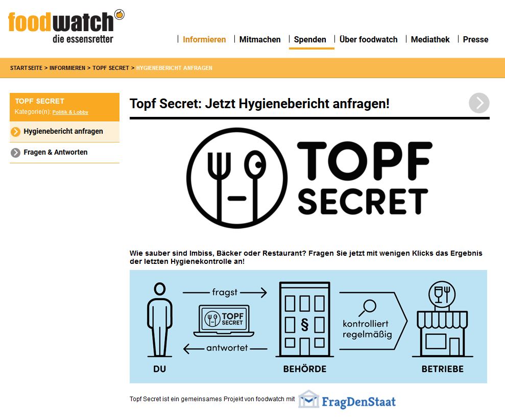 Die Verbraucherorganisation foodwatch und die Transparenz-Initiative FragDenStaat wollen mit der neuen Online-Plattform „Topf Secret“ endlich „Licht ins Dunkel“ bringen. 